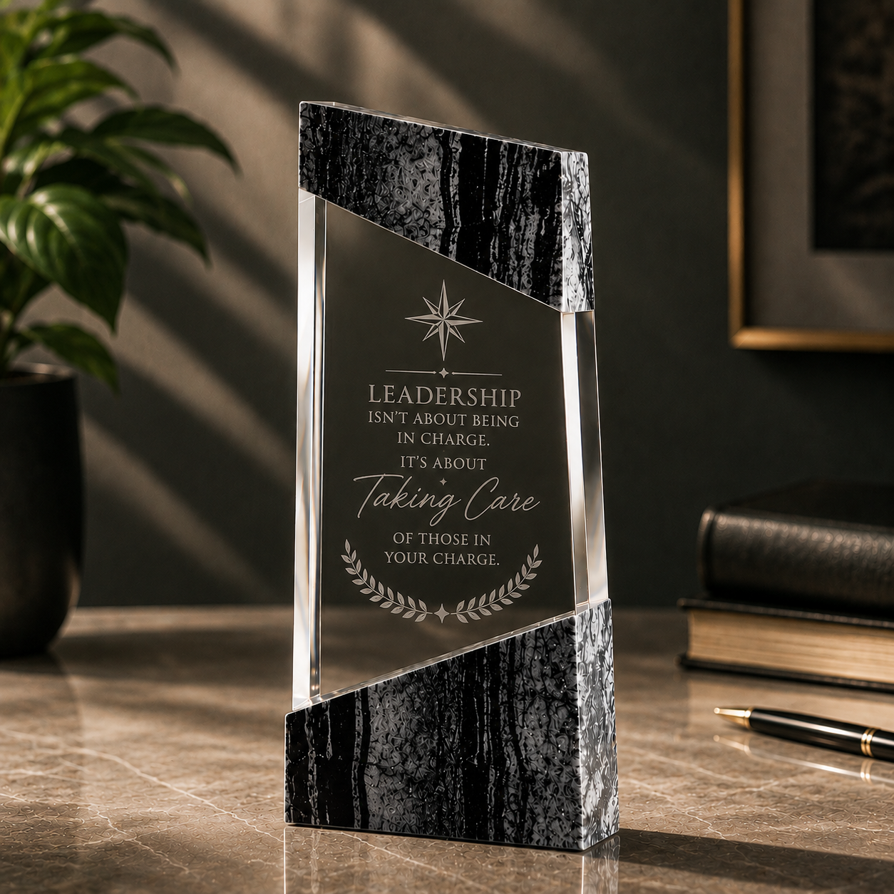 Personalised Crystal & Black Marble Column Award