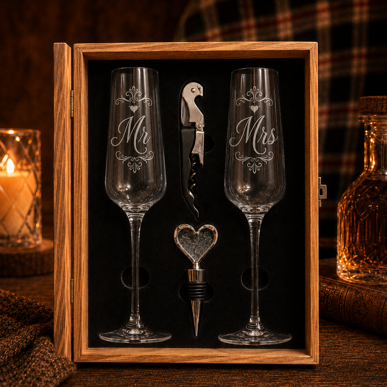 Personalised Couple’s Champagne Glass Set in Wooden Gift Box