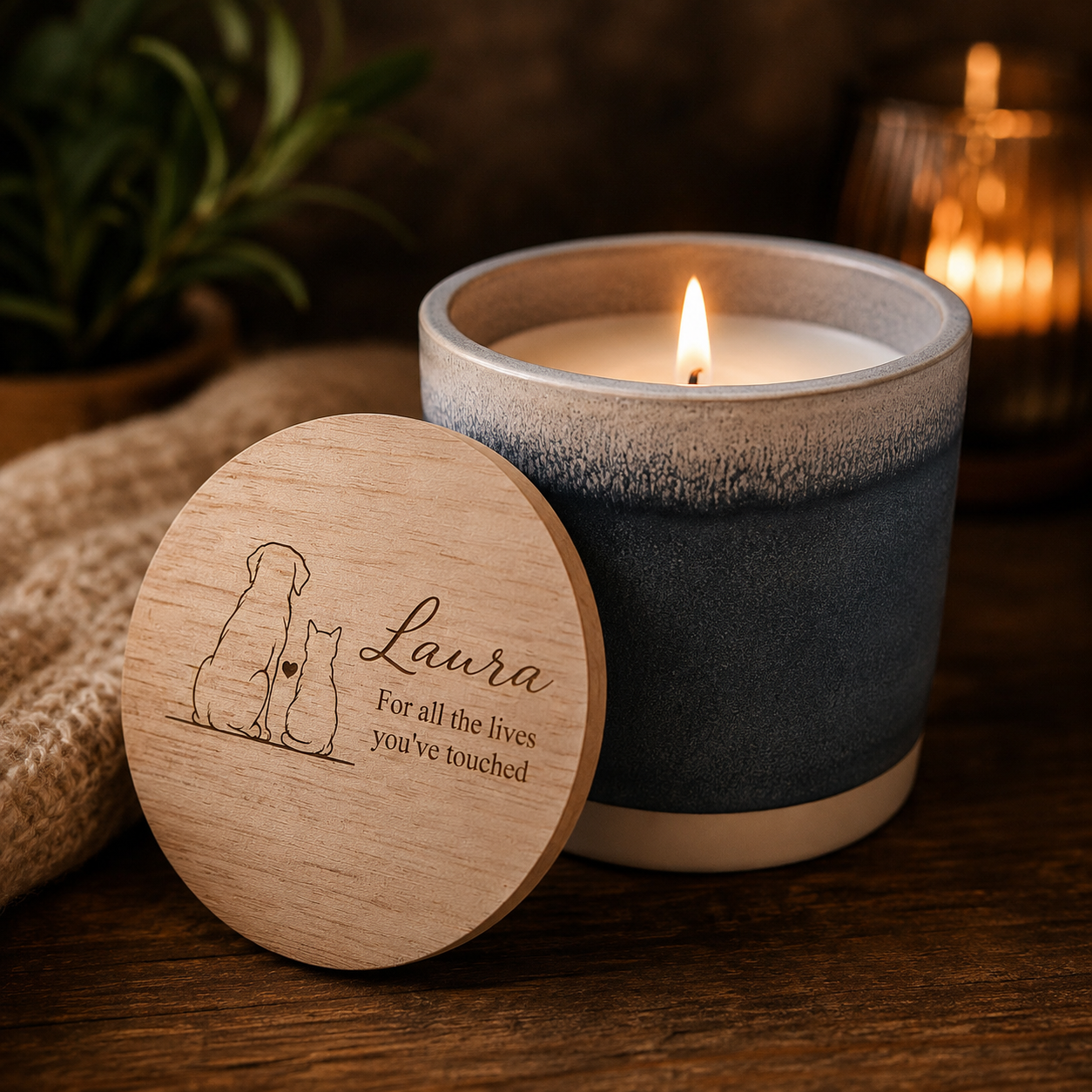 Personalised Candle with Engraved Wooden Lid – Sea Salt & Vetiver