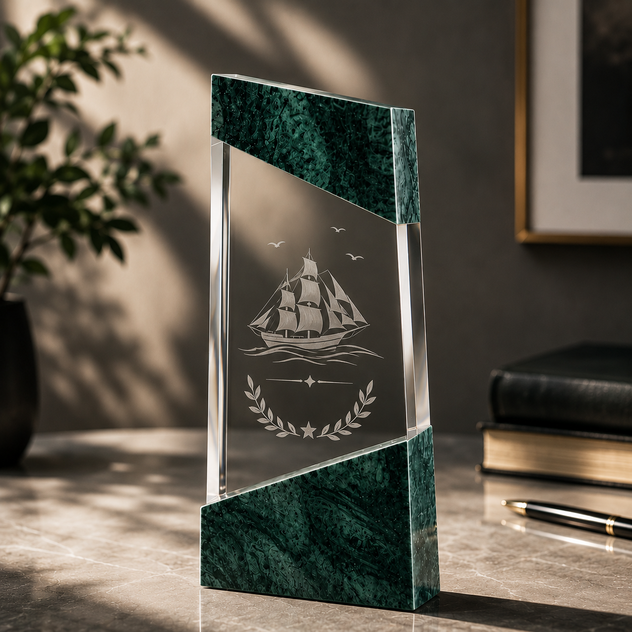 Personalised Crystal & Green Marble Column Award