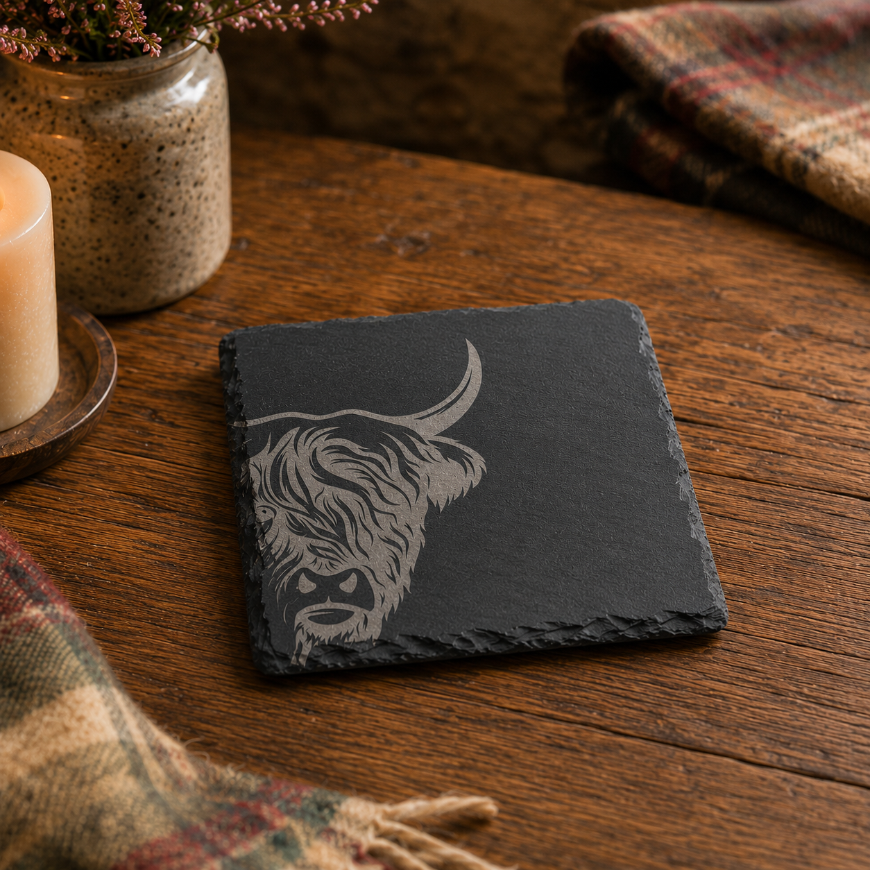 Engraved Highland Cow Slate Coaster