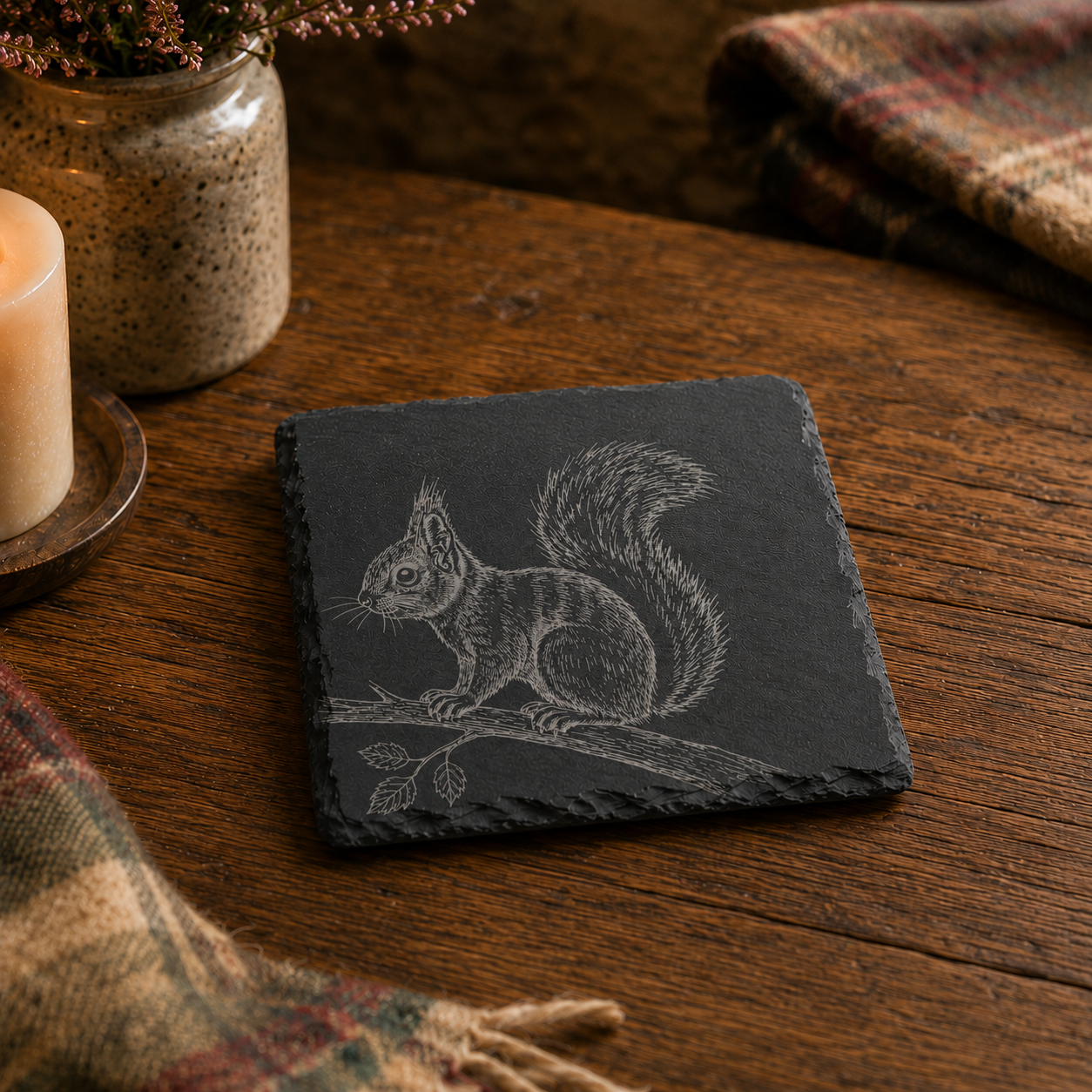 Engraved Red Squirrel Slate Coaster