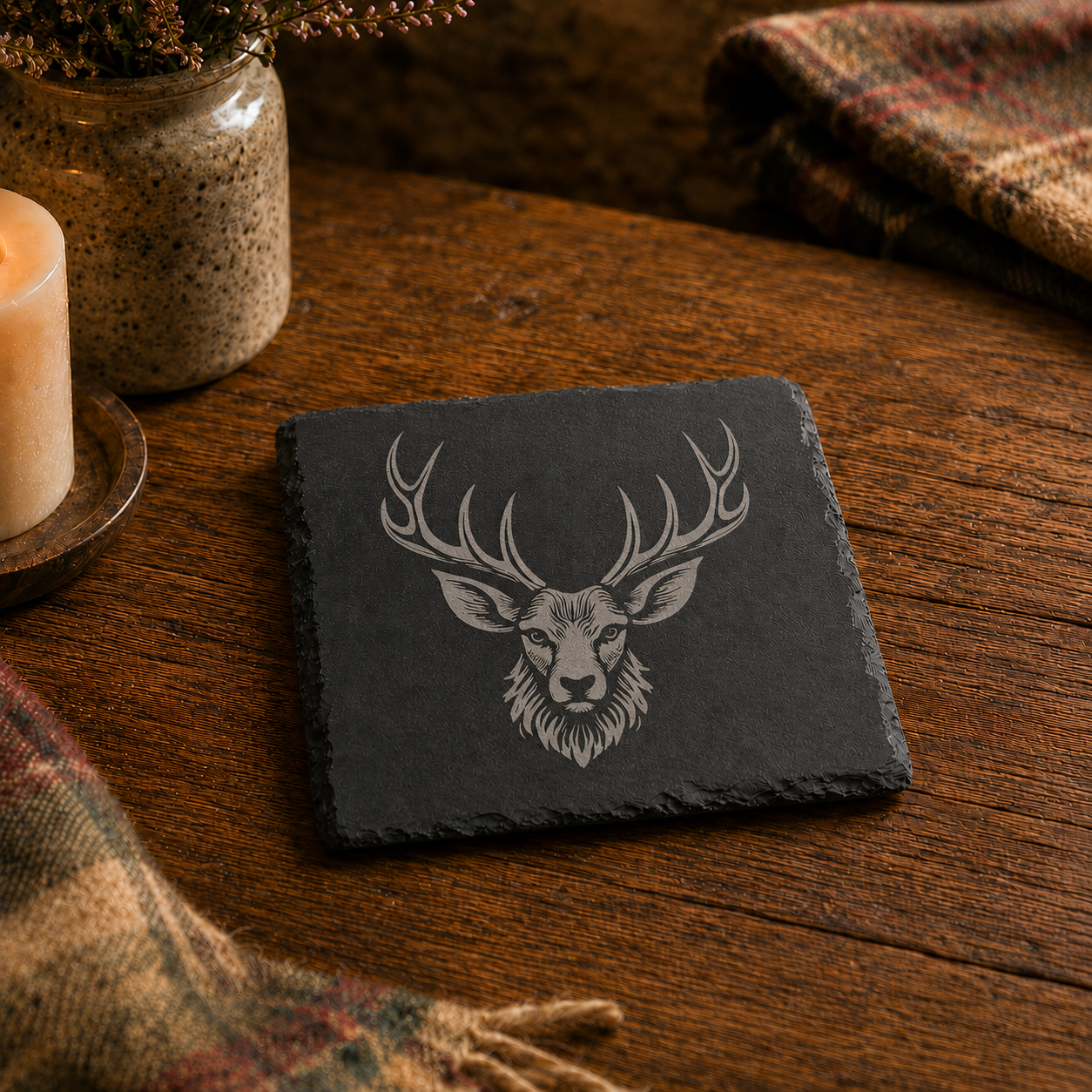 Engraved Stag Head Slate Coaster