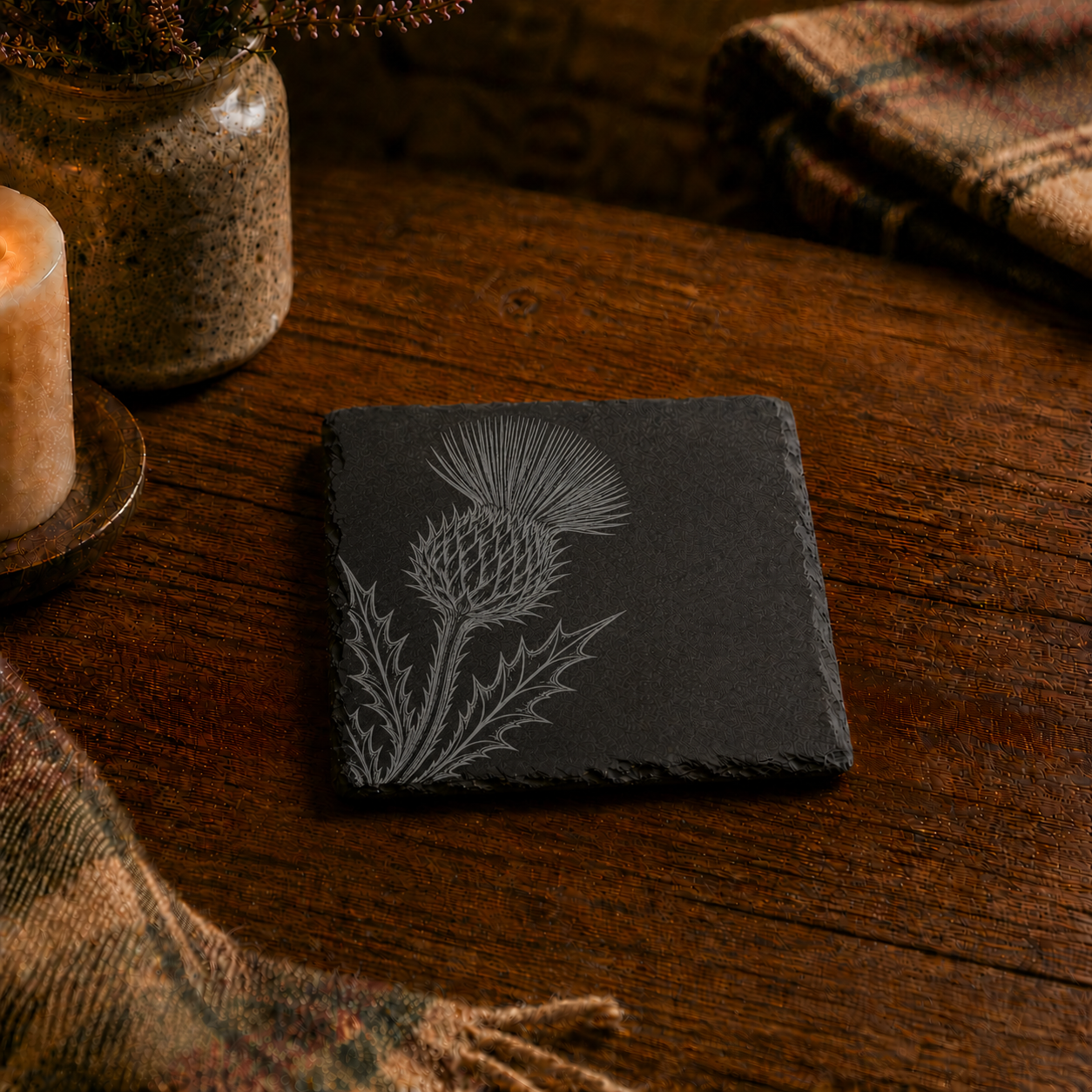 Engraved Scottish Thistle Slate Coaster