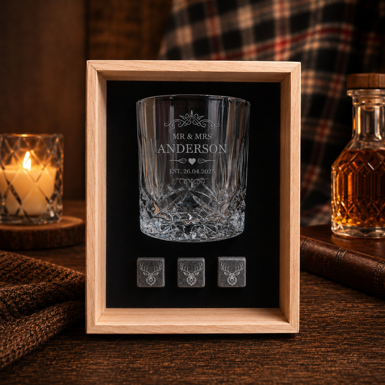 Personalised Faceted Whisky Glass & Stone Gift Set