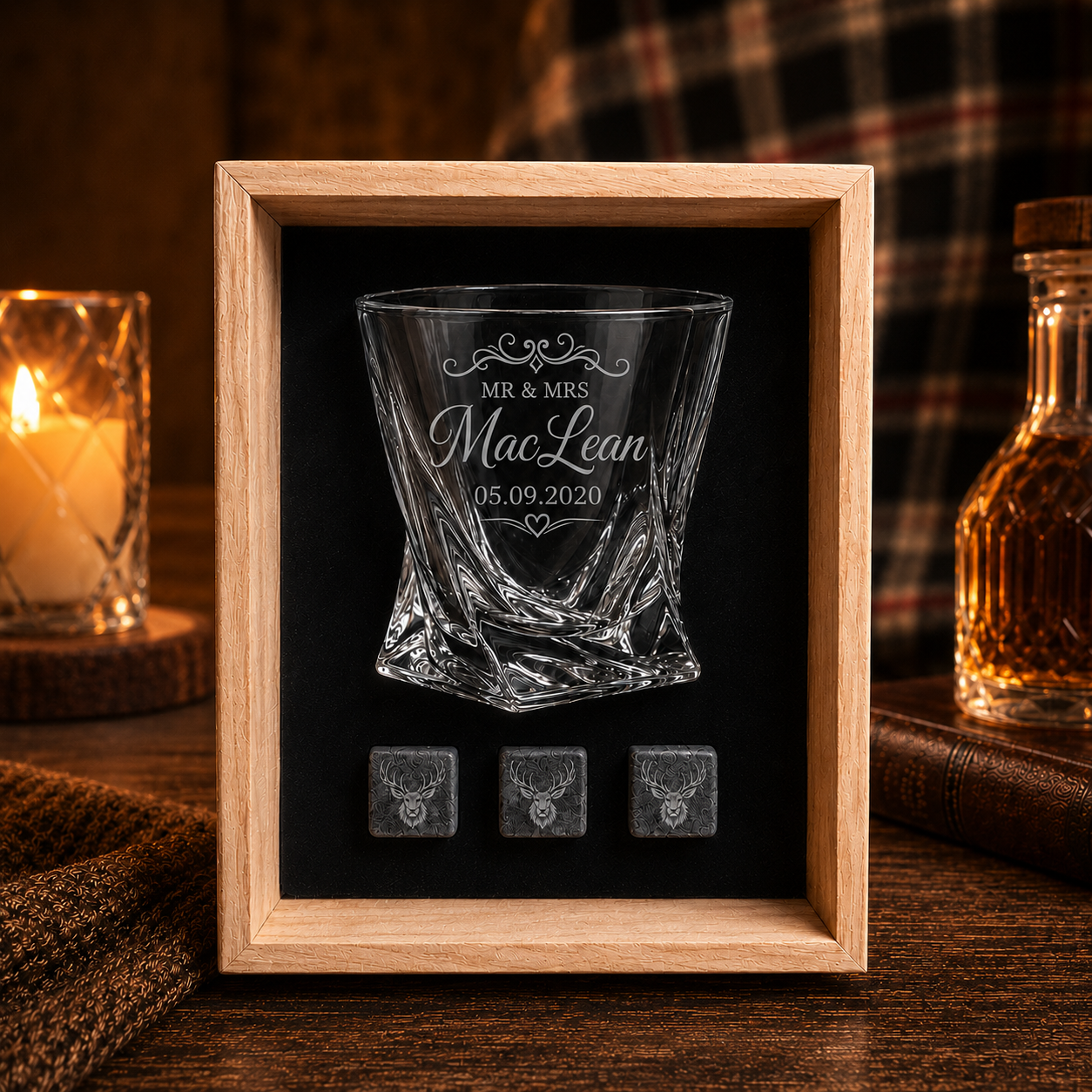 Personalised Twisted Whisky Glass & Stone Gift Set
